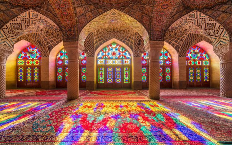 architecture, Islamic architecture, Mosque, Nasir al Mulk Mosque, Colorful, Column, Arch, Indoors, Stained glass HD Wallpaper Desktop Background