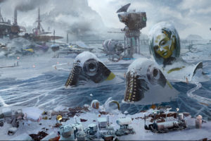 looking at viewer, Guardians of the Galaxy Vol. 2, Concept art, Contraxia, Statue, Snow, Lake, Science fiction, Railway
