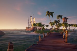 pirates, Sea of Thieves, Ship, Palm trees, Water, Rare studios, Sunset, Island, Sand, Video games