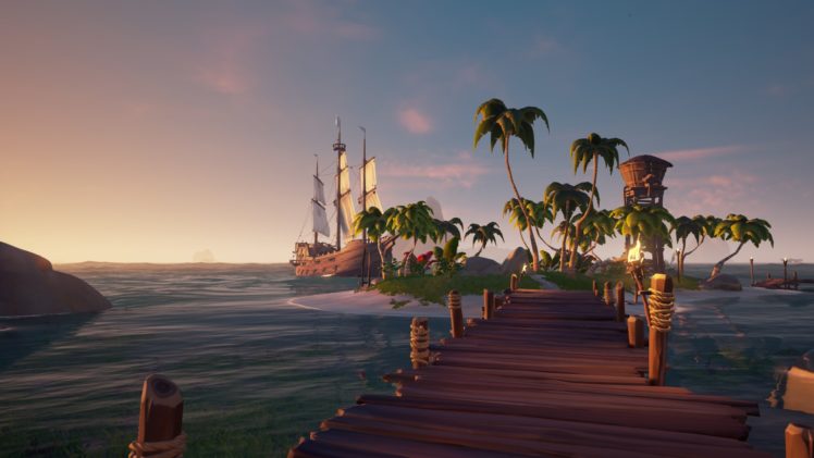 pirates, Sea of Thieves, Ship, Palm trees, Water, Rare studios, Sunset, Island, Sand, Video games HD Wallpaper Desktop Background