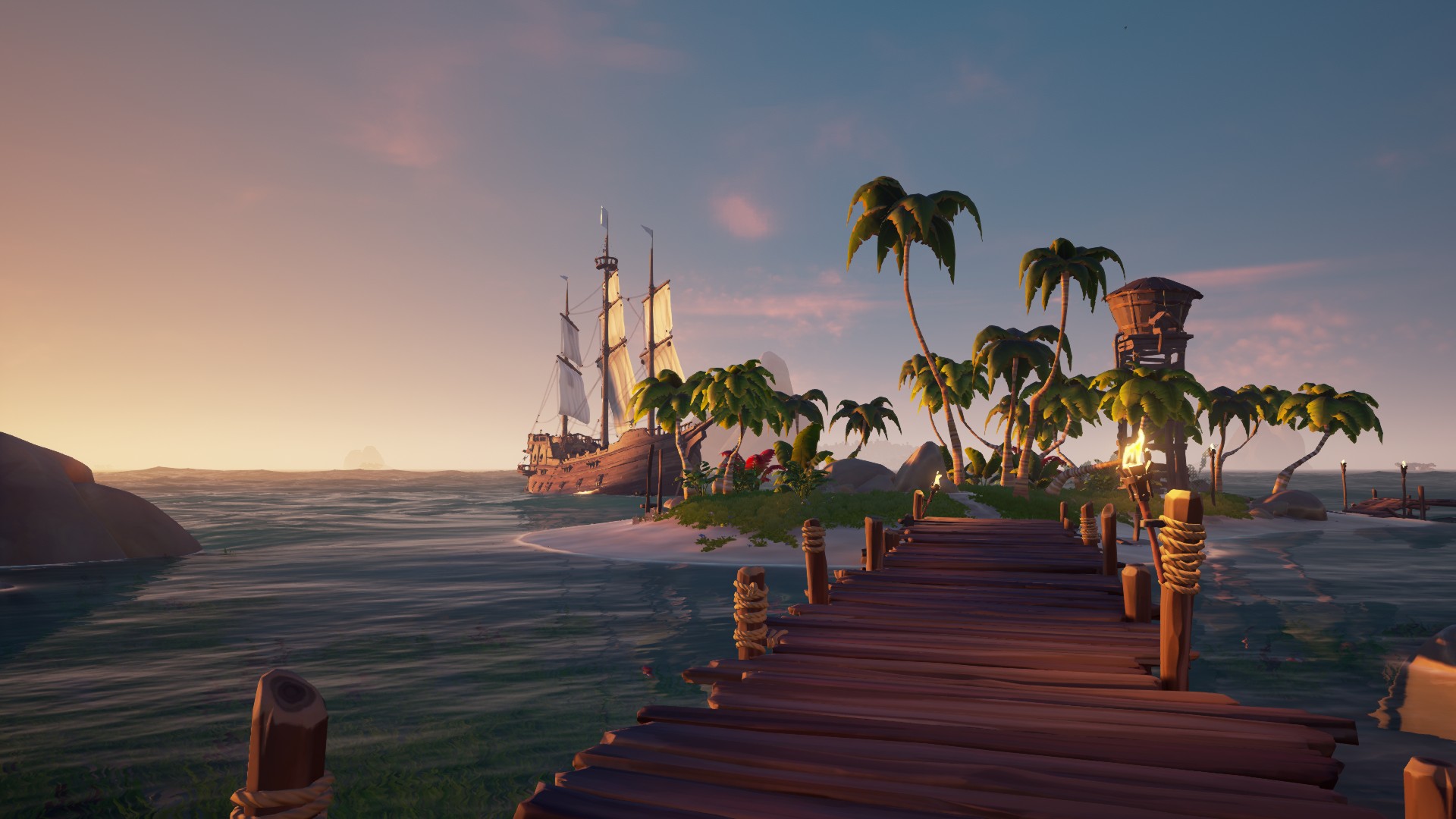 pirates, Sea of Thieves, Ship, Palm trees, Water, Rare studios, Sunset, Island, Sand, Video games Wallpaper
