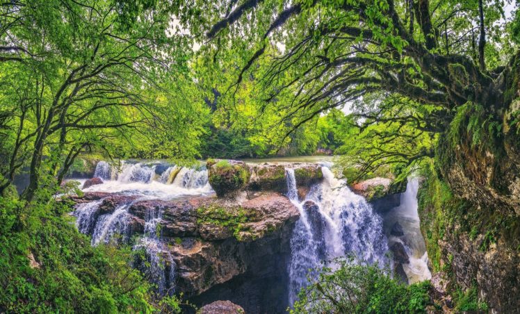 green, Trees, Water, Waterfall, Nature HD Wallpaper Desktop Background