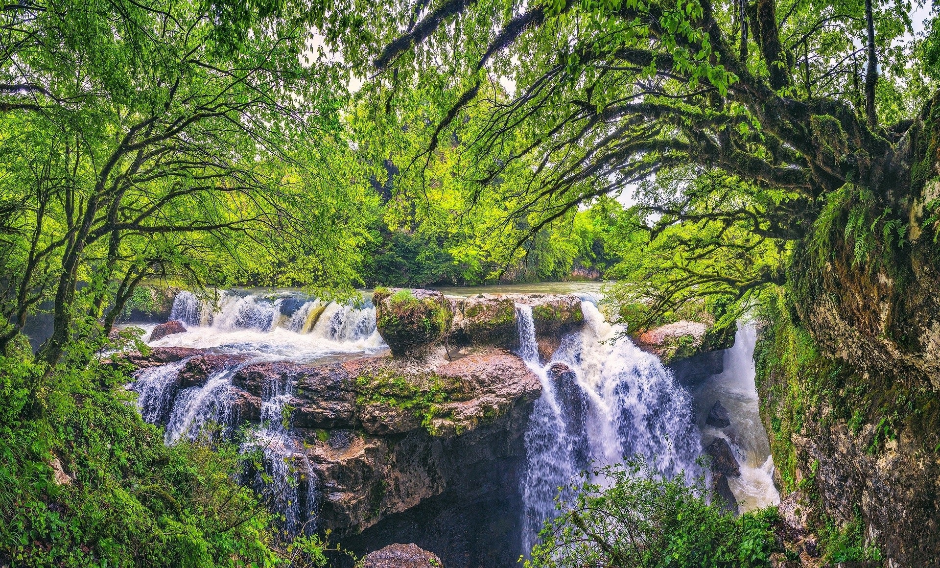 green, Trees, Water, Waterfall, Nature Wallpaper