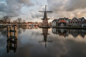 city, Reflection, Windmill, Water, Clouds