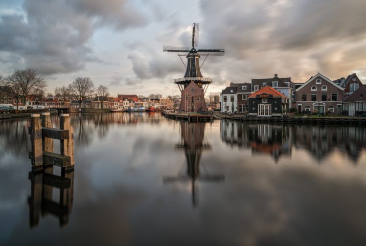 city, Reflection, Windmill, Water, Clouds HD Wallpaper Desktop Background