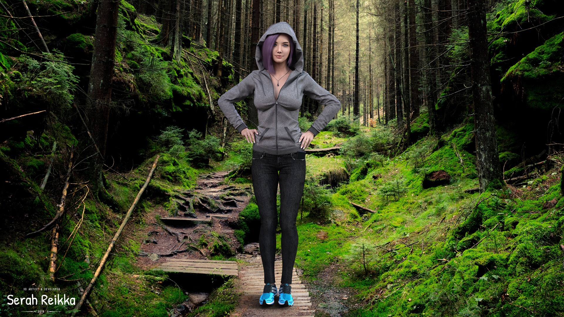 women, Blue eyes, White nails, Hoods, Wood, Render, CGI, 3d design, Selfies Wallpaper