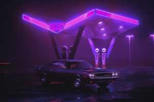 car, Purple, Retrowave, Landscape