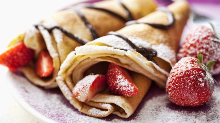 pancakes, Strawberries, Food, Dessert, Sugar, Closeup, Chocolate, Blurred HD Wallpaper Desktop Background