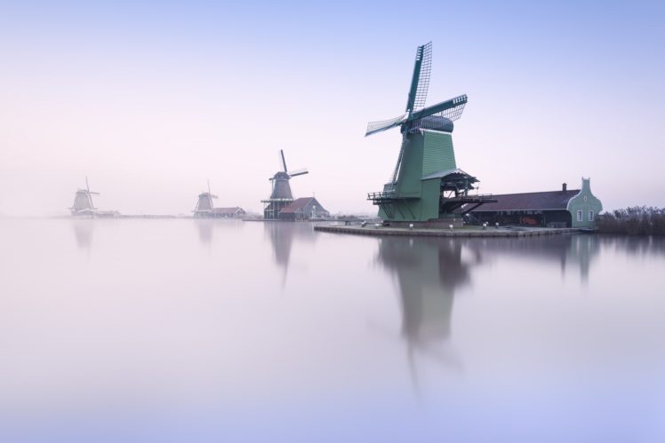 reflection, Windmill, Mist HD Wallpaper Desktop Background