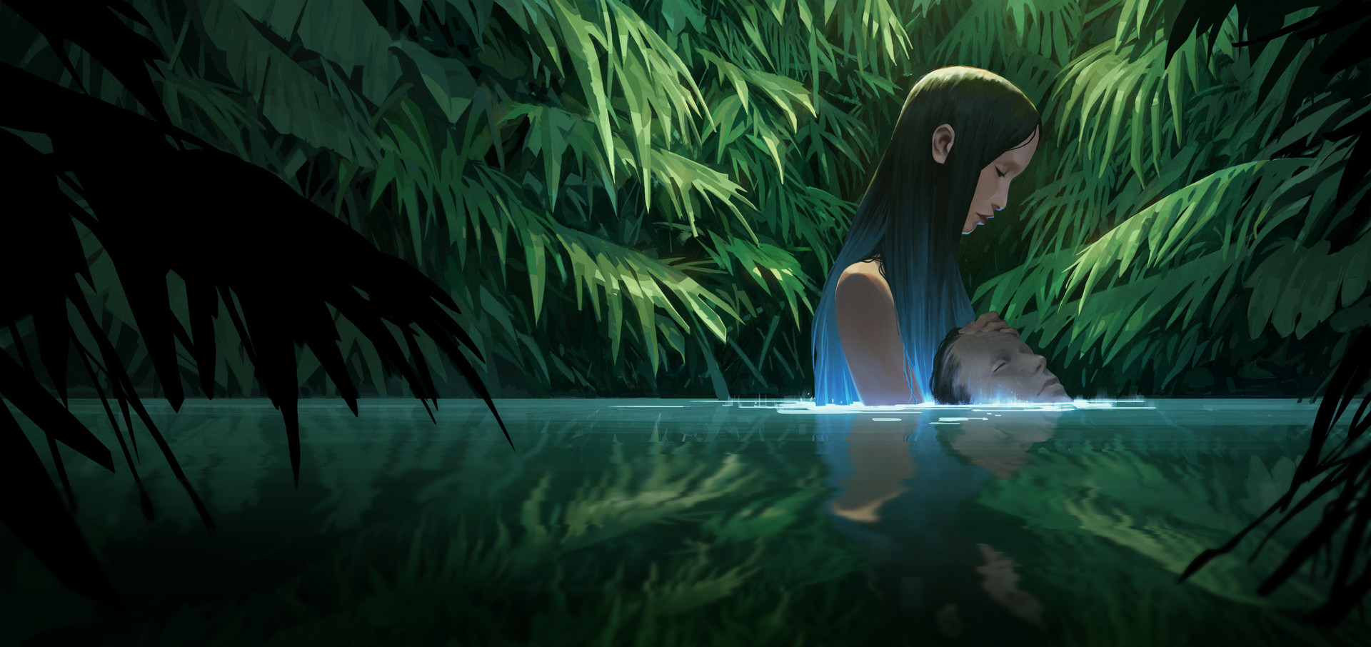 women, Men, Blue hair, Couple, Matti Marttinen, Lake, Plants, Water, Drawing Wallpaper