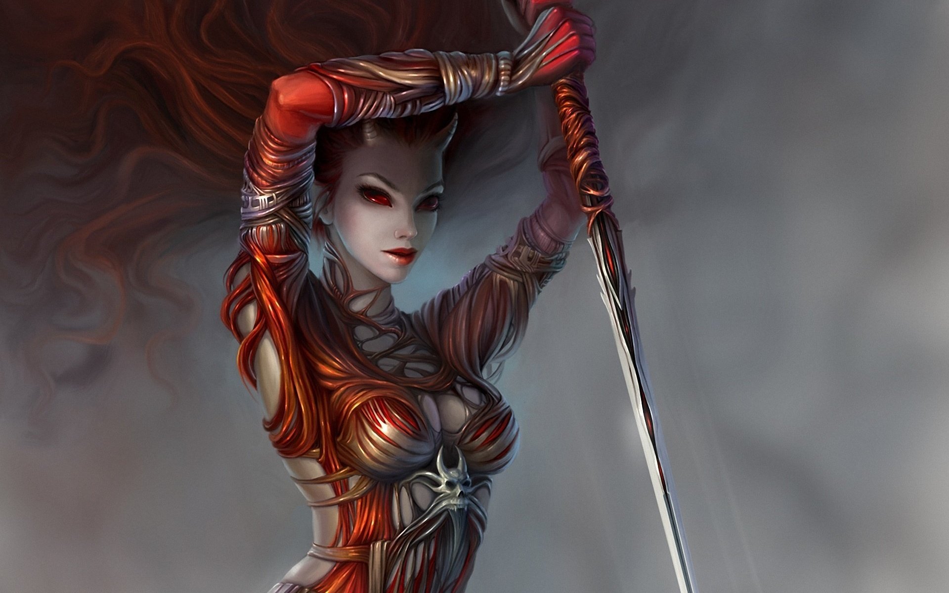 demon, Girl, Spear, Art, Horns, Weapons Wallpaper
