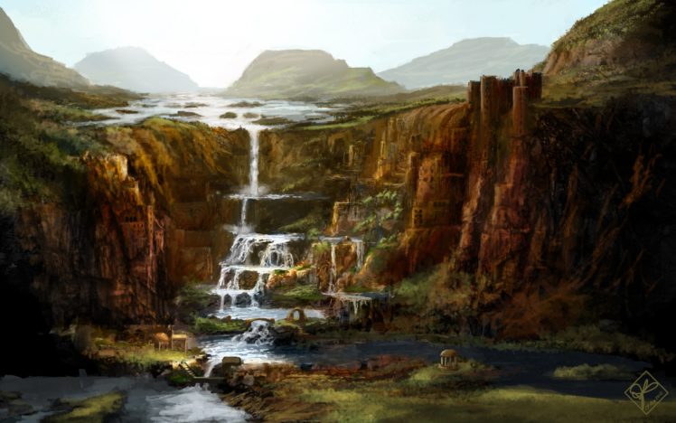 waterfall, Cliff, Mountain, Castle, Art, Castle, Rock, City HD Wallpaper Desktop Background