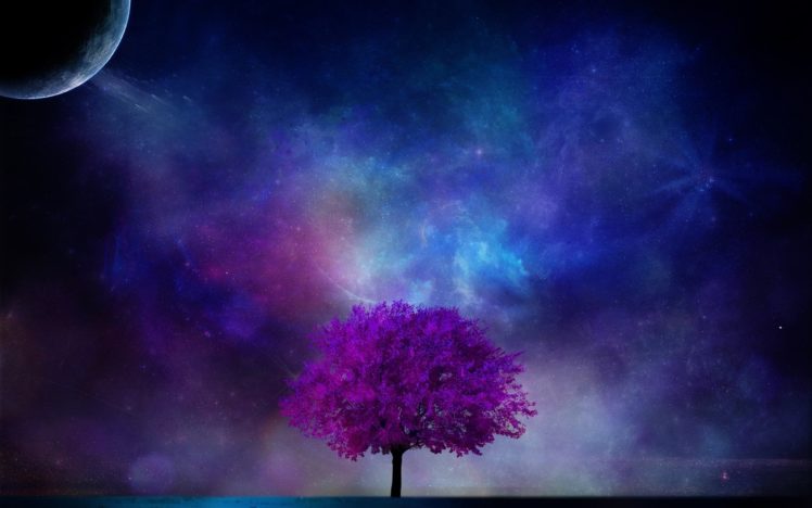 tree, Planet, 3d, Art, Nebula, Sky, Sci fi, Planet, Moon, Stars, Blossom HD Wallpaper Desktop Background