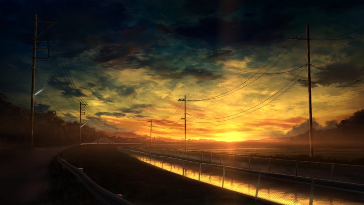 artwork, Digital, Art, Sunset, Road, Clouds, Sky, Canal, Power, Lines HD Wallpaper Desktop Background