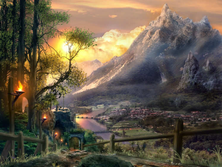 world, Fantasy, City, Sunset, Mountain, River HD Wallpaper Desktop Background