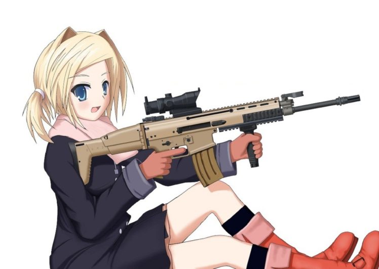 anime girls, Gun, FN SCAR, Weapon, Anime HD Wallpaper Desktop Background