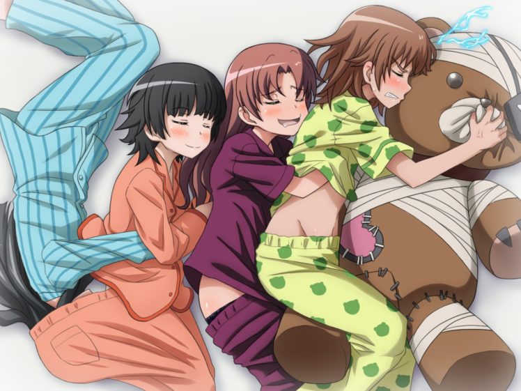 Saten Ruiko, Misaka Mikoto, Uiharu Kazari, Shirai Kuroko, To Aru Kagaku no Railgun, Anime girls, Teddy bears HD Wallpaper Desktop Background