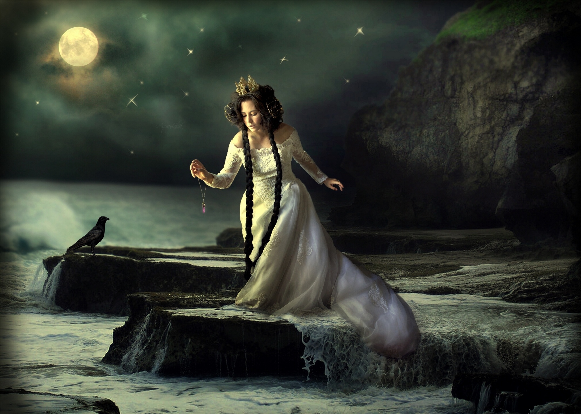 girl, Princess, Sea, Rock, Bird, Raven, Night, Moon, Medallion, Fantasy