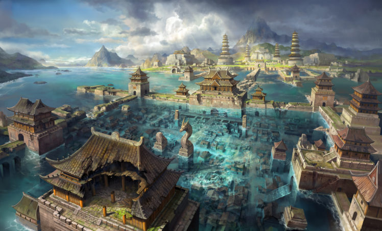 asia, City, Flooding, Art, Water HD Wallpaper Desktop Background