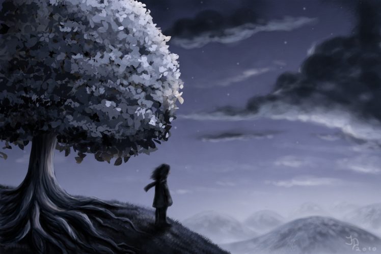 art, Hill, Tree, Man, Night, Clouds, Stars, Mood HD Wallpaper Desktop Background