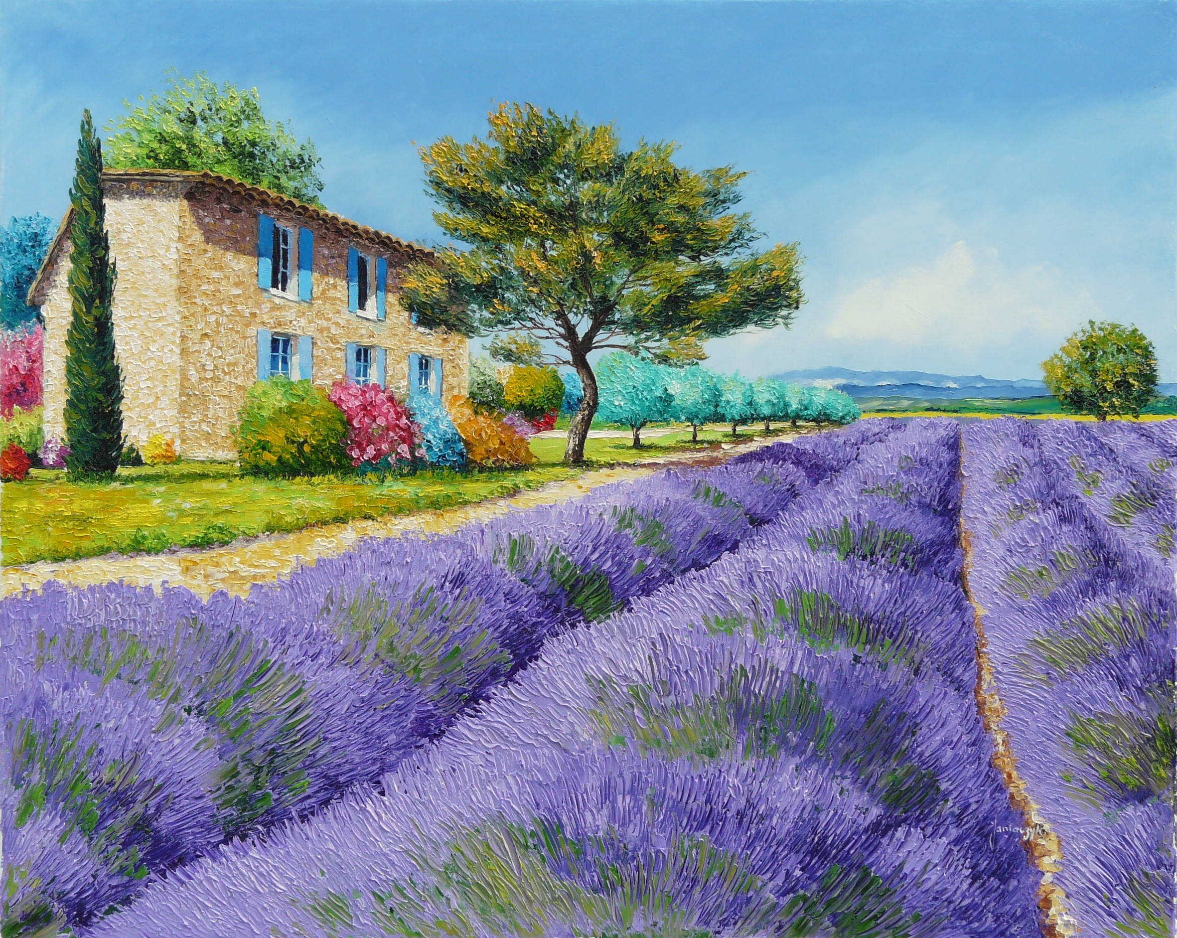 painting, Art, Landscape, Jean marc, Janiaczyk, Field, Flowers, Lavender, House, Trees, Bushes, Mountains Wallpaper
