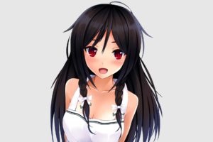 anime, Anime girls, Red eyes, Black hair, Long hair, Open mouth, Simple background, Original characters