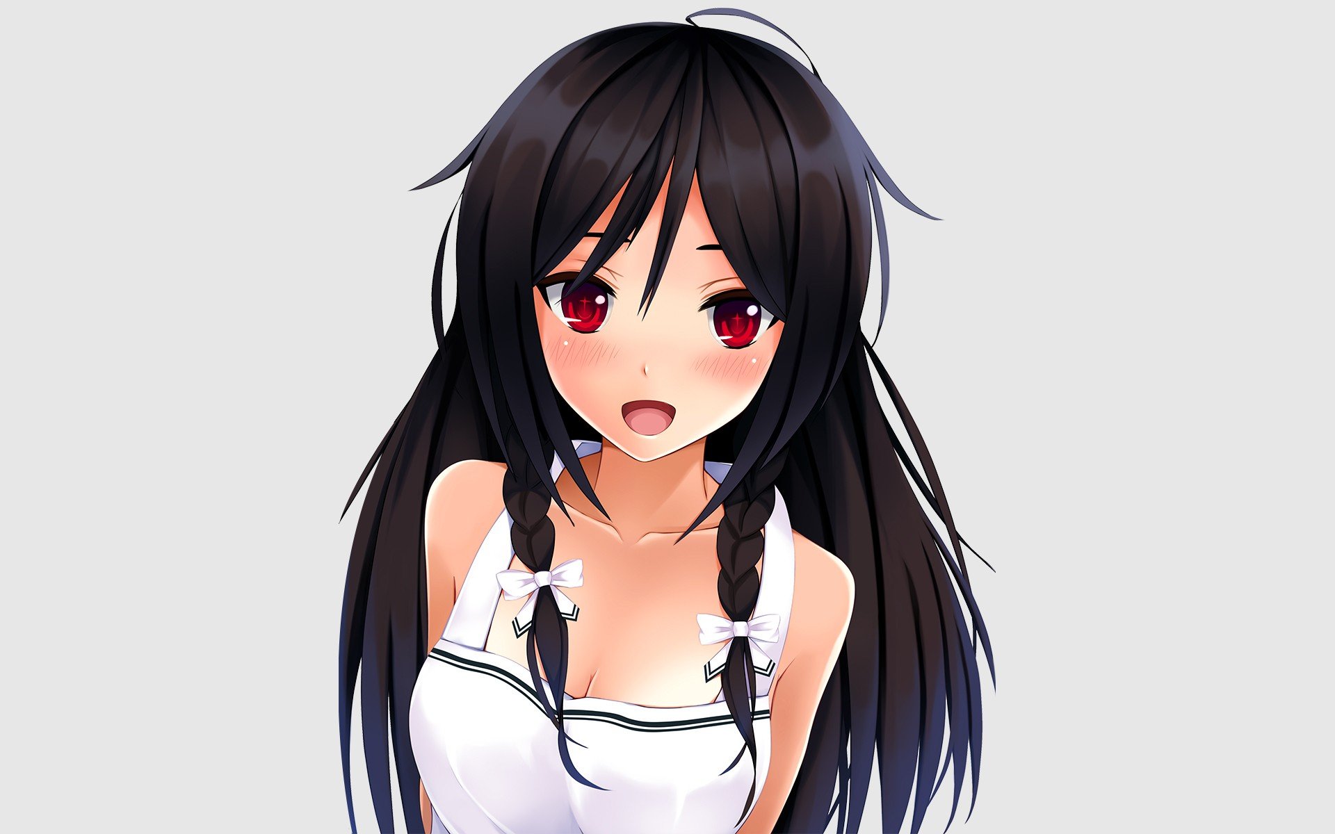 anime, Anime girls, Red eyes, Black hair, Long hair, Open mouth, Simple