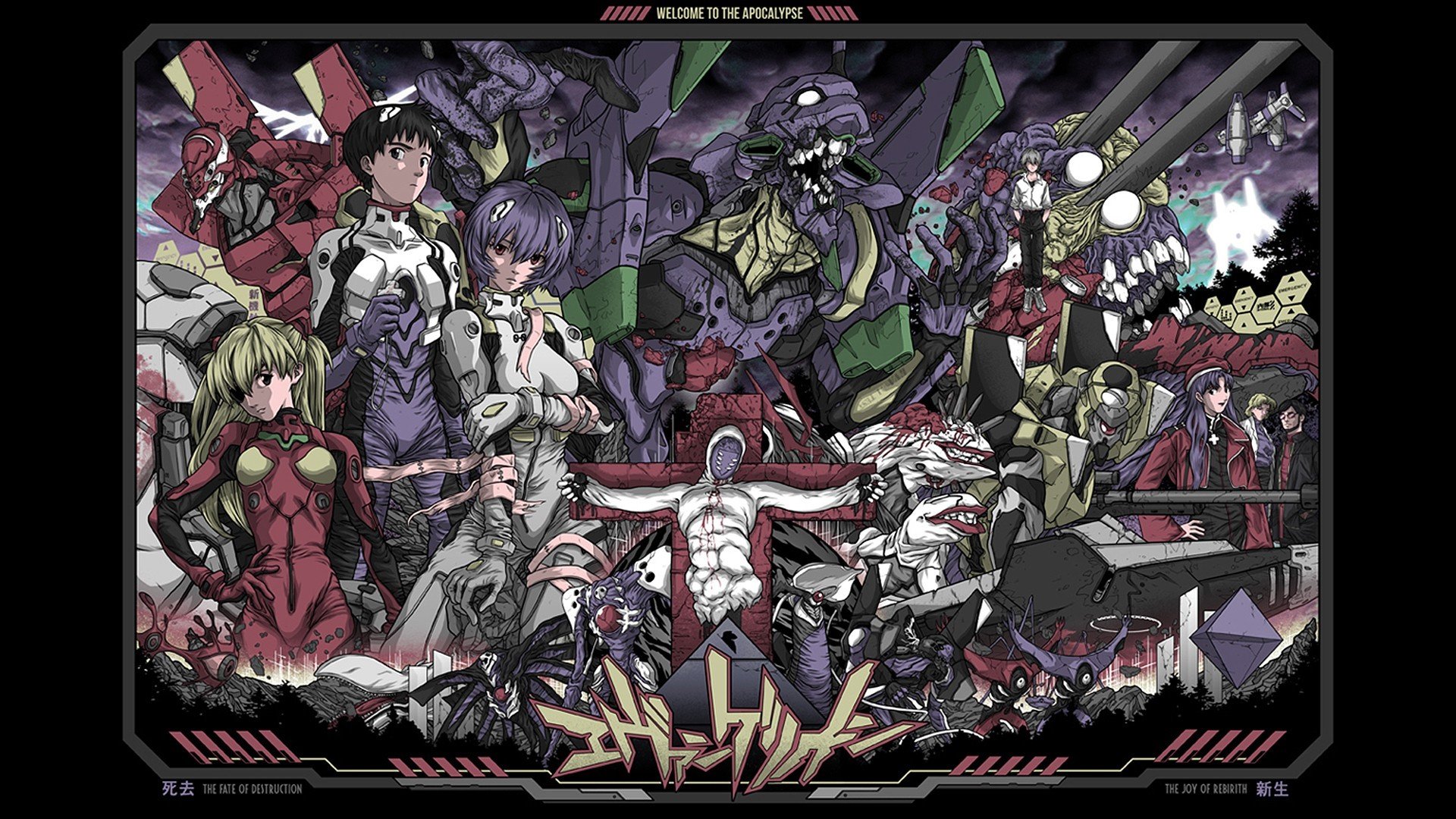 Neon Genesis Evangelion, Ikari Shinji, Ayanami Rei, Asuka Langley Soryu, Gendo Ikari, EVA Unit 01, EVA Unit 00, EVA Unit 02, Angle Wallpaper