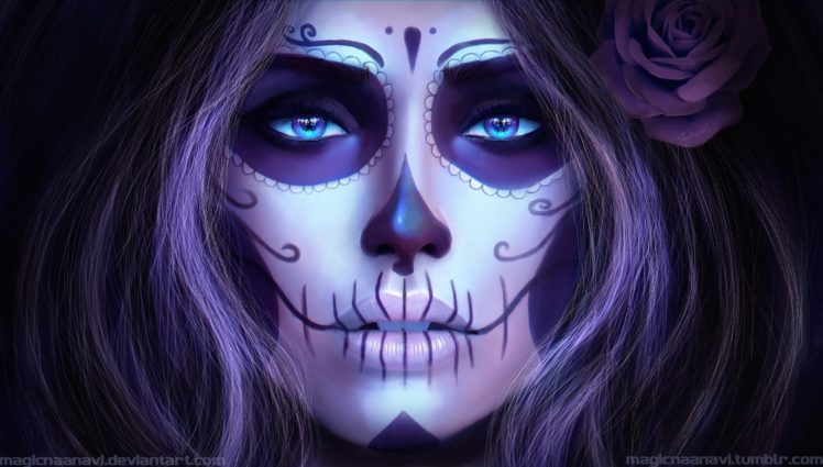 realistic, Render, Blue eyes, Sugar Skull, Artwork, Flower in hair, MagicnaAnavi, Rose HD Wallpaper Desktop Background