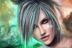 anime, Realistic, Render, Silver hair, Red eyes, Riven, League of Legends, MagicnaAnavi, Hair in face
