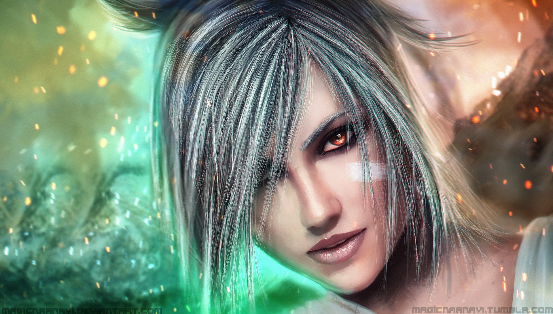 anime, Realistic, Render, Silver hair, Red eyes, Riven, League of Legends, MagicnaAnavi, Hair in face Wallpaper