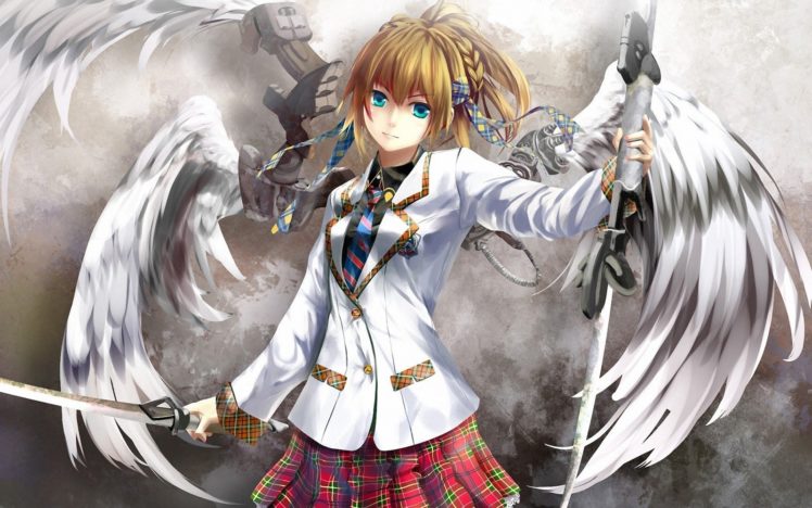 blonde, Original characters, Blue eyes, Sword, Wings, School uniform, Weapon, Anime girls, Anime HD Wallpaper Desktop Background