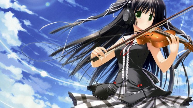 green eyes, Minna no Uta, Kugenuma Ayane, Black hair, Violin, Long hair, Headphones, Anime girls, Anime HD Wallpaper Desktop Background