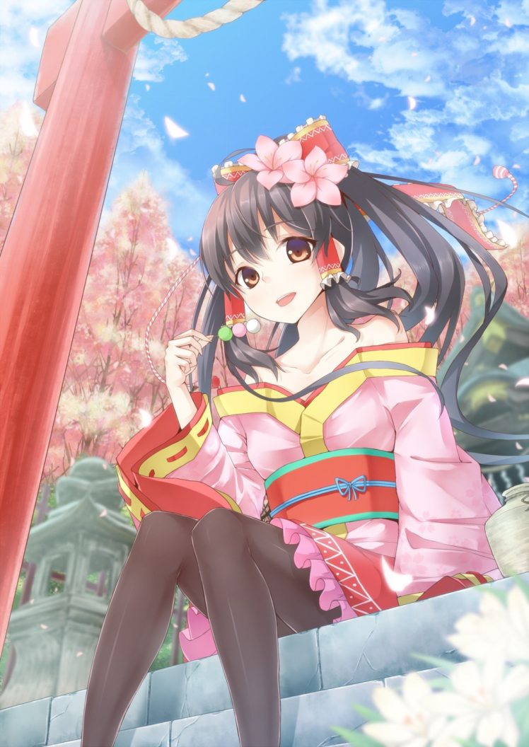 Touhou, Hakurei Reimu, Kimono, Traditional clothing, Trees, Petals, Sky, Clouds, Anime girls, Anime HD Wallpaper Desktop Background