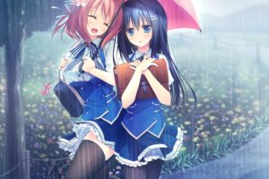 Kimi no Tonari de Koishiteru!, Hoshino Nagisa, Komatsu Rina, Rain, Flowers, Trees, School uniform, Thigh highs, Umbrella, Anime girls, Anime