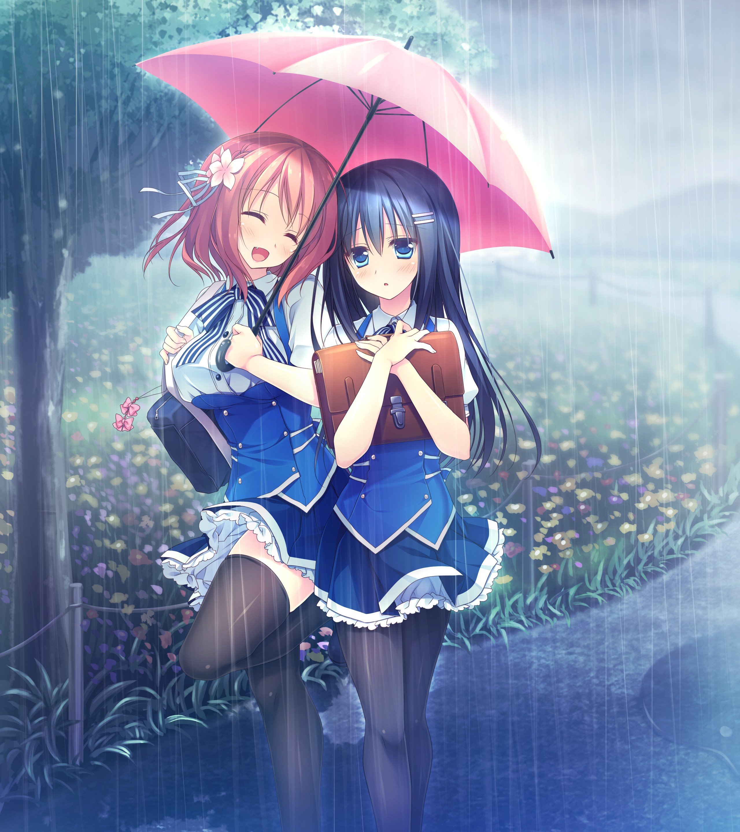 Kimi no Tonari de Koishiteru!, Hoshino Nagisa, Komatsu Rina, Rain, Flowers, Trees, School uniform, Thigh highs, Umbrella, Anime girls, Anime Wallpaper