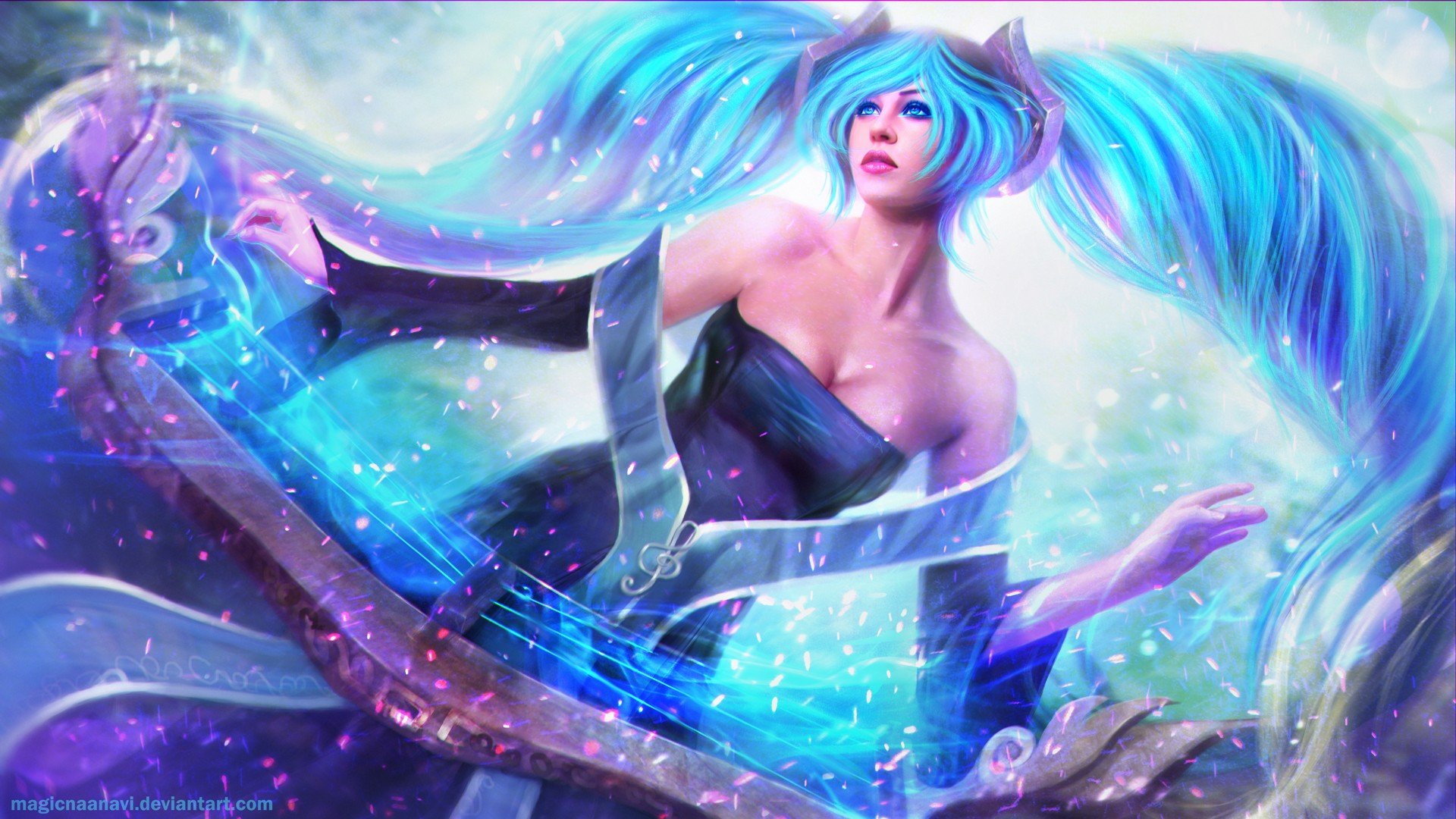 realistic, Render, League of Legends, Sona, MagicnaAnavi, Blue hair, Twintails Wallpaper