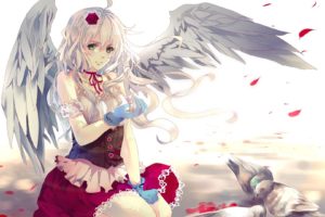 anime, Anime girls, Wings, Green eyes, White hair, Original characters