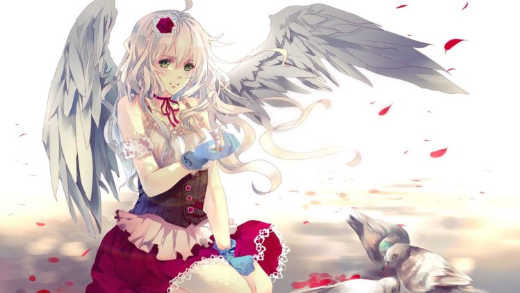 anime, Anime girls, Wings, Green eyes, White hair, Original characters HD Wallpaper Desktop Background
