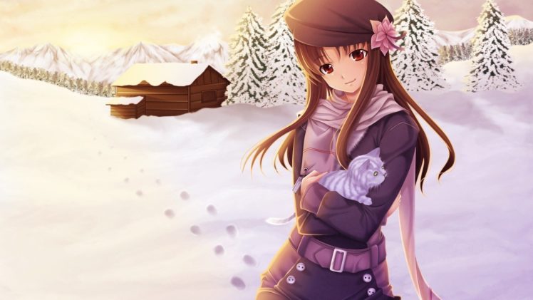 anime, Anime girls, Original characters, Red eyes, Snow, Brunette HD Wallpaper Desktop Background