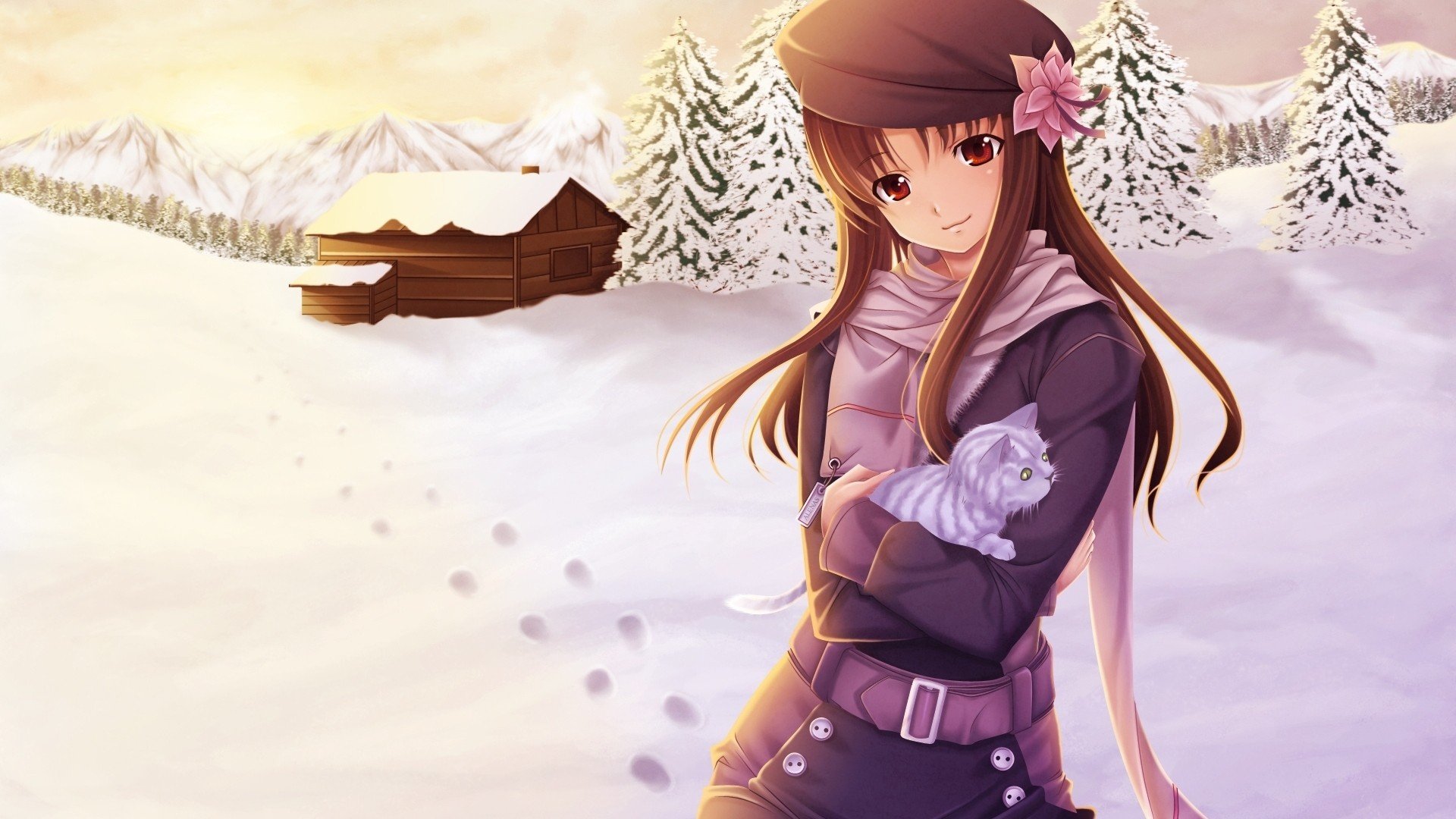 anime, Anime girls, Original characters, Red eyes, Snow, Brunette Wallpaper