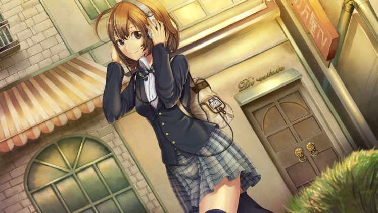 short hair, Brunette, Anime, Anime girls, Headphones, Original characters, School uniform HD Wallpaper Desktop Background