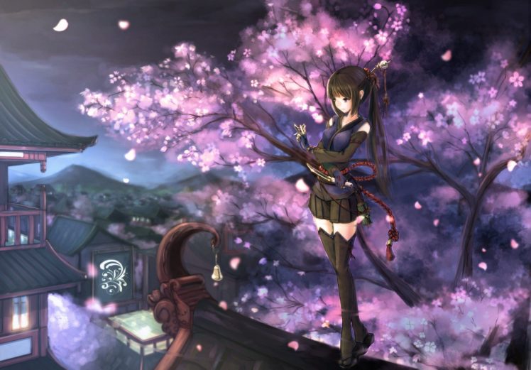 anime girls, Anime, Cherry blossom, Night, Original characters HD Wallpaper Desktop Background