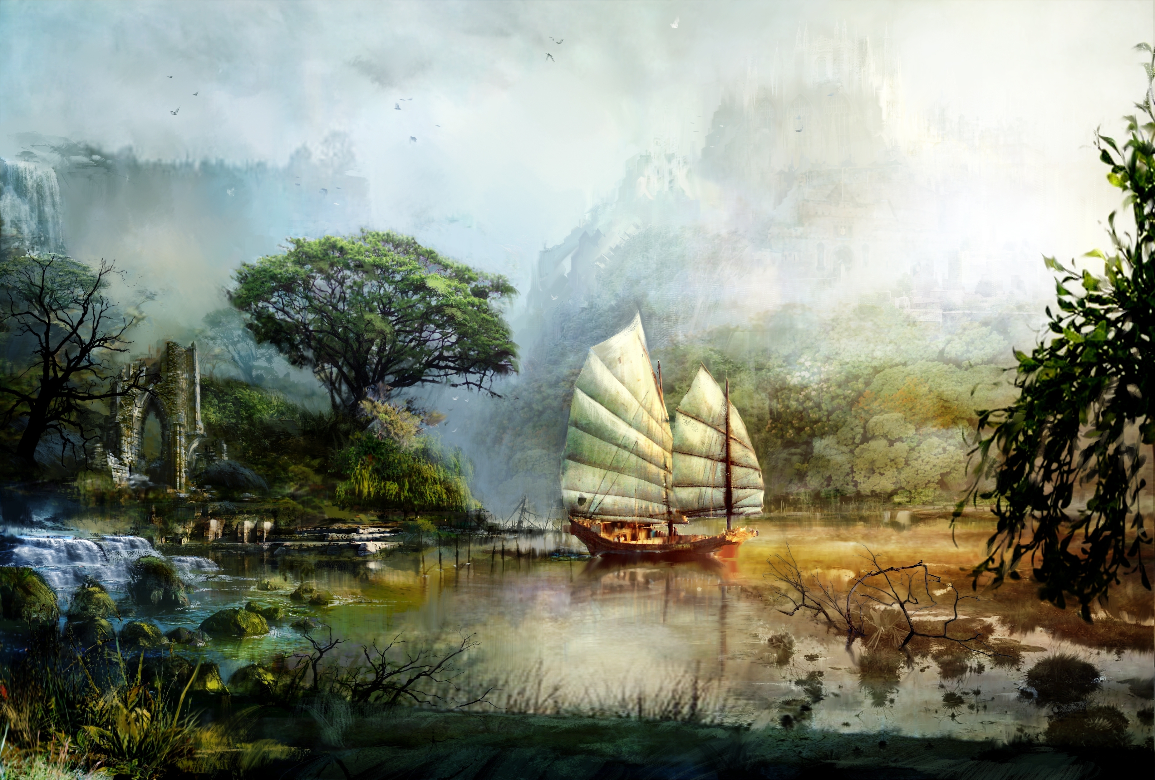 art, Guild, Wars, 2, Ship, Sailing, Scenery, Mountains, Lake, Water, Ruins, Fantasy Wallpaper