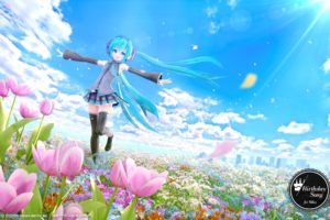 Hatsune Miku, Vocaloid, Flowers, Clouds