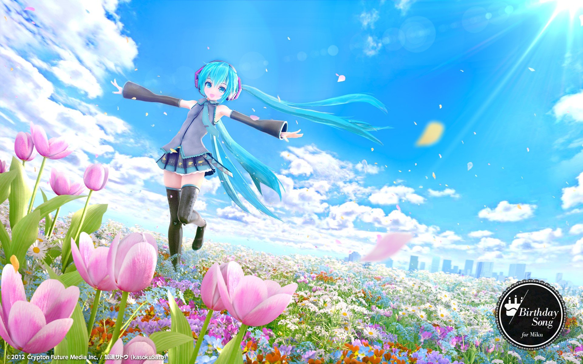 Hatsune Miku, Vocaloid, Flowers, Clouds Wallpaper