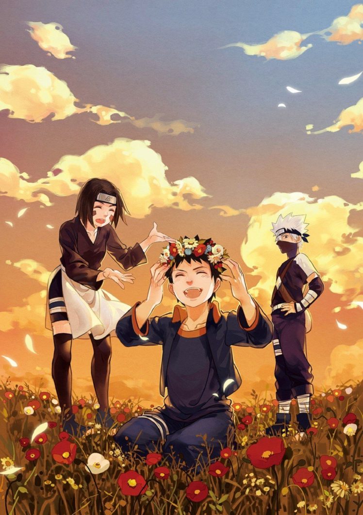 artwork, Nohara Rin, Hatake Kakashi, Uchiha Obito, Flowers, Anime, Naruto Shippuuden HD Wallpaper Desktop Background