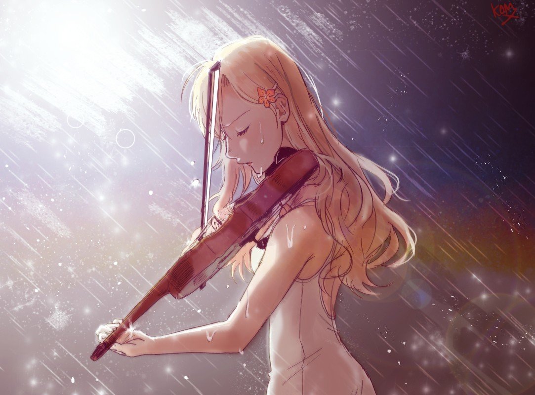 artwork, Violin, Rain, Sunlight, Miyazono Kaori Wallpaper