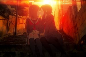 anime girls, Yuri, School uniform, Pantyhose, Kissing, Original characters