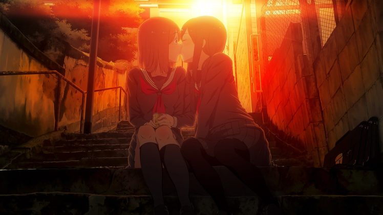 anime girls, Yuri, School uniform, Pantyhose, Kissing, Original characters HD Wallpaper Desktop Background